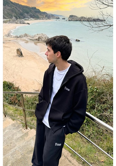 Flaw Nakışlı Zip Hoodie Siyah Siyah