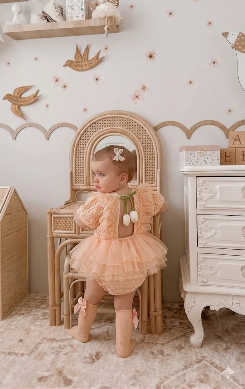 Momercy Lale Sırt Detaylı Kız Bebek Özel Gün Romper Elbise Somon