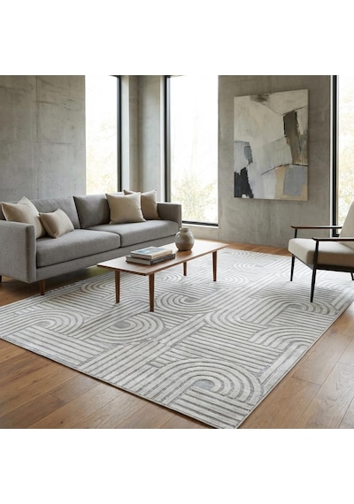 Açık Gri Modern Geometrik Desenli Dijital Baskılı Kaymaz Tabanlı Yıkanabilir Antibakteriyel Halı Açık Gri