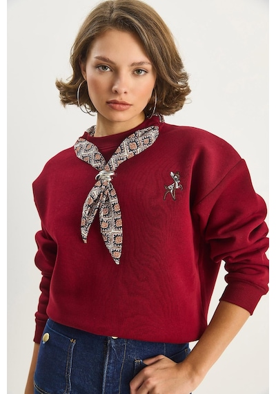 Shade Kadın Fular Detaylı Ceylan Nakışlı Üç İplik Şardonlu Oversize Sweatshirt 6916 60283615 - Bordo