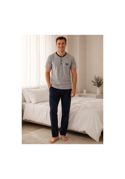 Pijamask Erkek Gri Melanj Düğmeli Yaka Pamuklu Uzun Pantolonlu Pijama Takımı Lacivert Alt Rahat Ev Giyim Gri Pijamask Erkek Gri Melanj Düğmeli Yaka Pamuklu Uzun Pantolonlu Pijama Takımı Lacivert Alt Rahat Ev Giyim Gri
