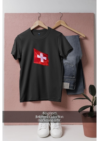 Bahriyeli Collection Oversize İsviçre Bayrağı Tasarımlı Unisex T-shirt Siyah