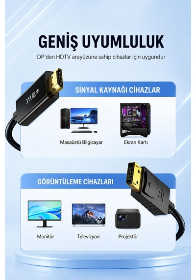 Displayport - Hdmı 4k Ultra Hd Kablo, Dp - Hdmı Dönüştürücü, 3840x2160 Görüntü Aktarımı, Monitör Tv Projeksiyon Uyumlu, Altın Kaplama, Kilitli Bağlantı Z623e