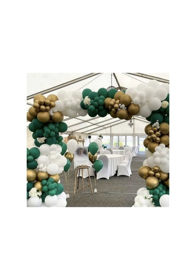 Krom Gold Pastel Koyu Yeşil Ve Beyaz Balon Zinciri 100 Adet Beyaz