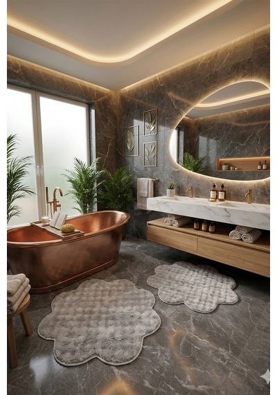 Bubble Papatya Banyo Paspası 2'li Set Pofuduk Yumuşak Peluş Kaymaz Taban Dekoratif Banyo Halısı Gri