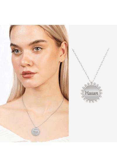 Tesbihane Zirkon Taşlı Güneş Tasarım Silver Renk Kişiye Özel İsim/harf Yazılı 925 Ayar Gümüş Kadın Kolye