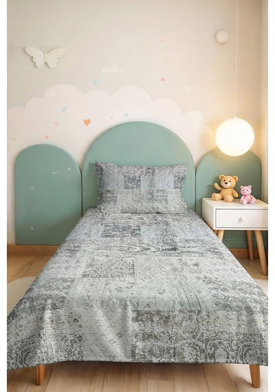 Vintage Patchwork Mavi Tek Kişilik Pike Takımı - Eskitme Bohem Gri 160x220 Cm Kapitone Yatak Örtüsü Kuşluk Yağmur Nüansı