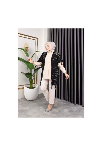 Hira Life Fashion Kadın Mevsimlik Saçaklı Ve Ajurlu Pamuk Triko Hırka Siyah Siyah