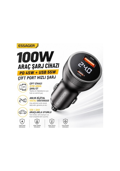 Essager 100w Araç Şarj Cihazı Pd Type C 45w + Usb 55w Çift Port Hızlı Şarj Dijital Göstergeli Araç Şarj Adaptörü