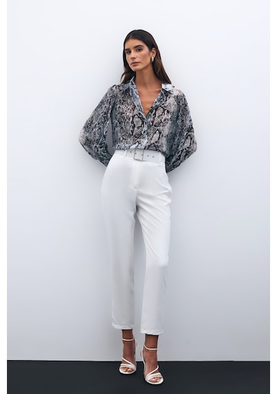 Sateen Yüksek Bel Kemerli Pantolon - Ekru