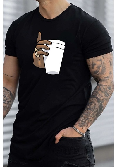 Unisex Tupac Coffee Baskılı T-shirt Siyah