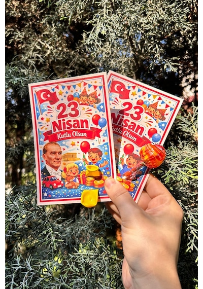 10 Adet 23 Nisan Şeker Ve Balon Konulabilen Tebrik Kartı 10'lu Set Sınıf Dağıtımlık Hediyelik Kart