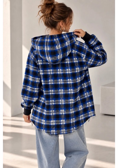 Bb Butik Basic Kapüşonlu Fermuarlı Oversize Ekose Oduncu Gömlek Ceket Kadın Rahat Mevsimlik Günlük Tr0935 mavi