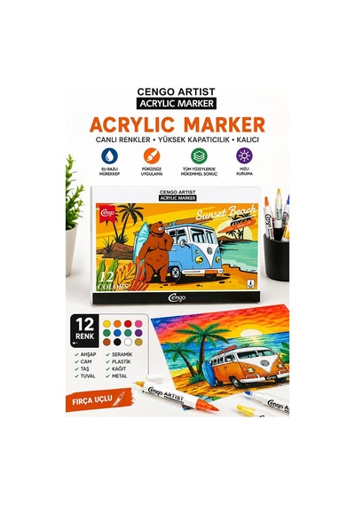 12 Renk Akrilik Markör Keçeli Kalem 1 Paket Cengo 12 Li Acrylic Marker Taş Cam Metal Seramik Plastik Tuval Ahşap
