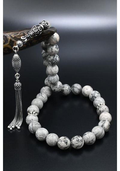 Doğal Gri Jasper Taşlı Tesbih 925 Ayar Gümüş Püsküllü 10mm Küre Kesim 902562