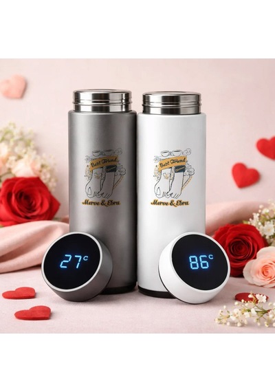 Bk Gift Kişiye Özel Best Friend Tasarımlı Dijital Göstergeli Filtreli 2li Çelik Termos 450 Ml -3, Arkadaşa Hediye En İyi Arkadaş Termos Seti Kobitmeye Renkli