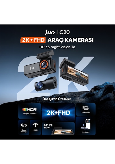 Juo C20 2k Qhd Ön + Fhd Arka 2 Kameralı Wifi Gps Hdr Araç Kamerası Ekranlı 170 Geniş Açı Gece Görüş Araç İçi Kamera
