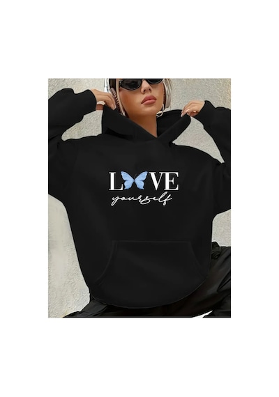 Herkesemoda Love Yorself Detaylı Kapüşonlu Sweatshirt Siyah