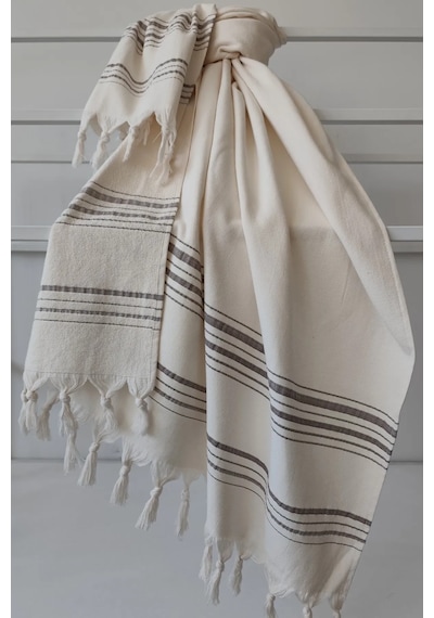 Krem Çizgili Havlu Peştemal 90x170 - %100 Pamuk & Yumuşak Krem