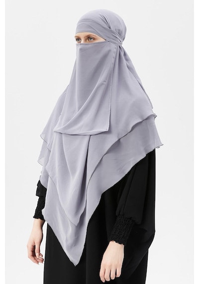 Altobeh Hazır Pratik Şifon Üç Katlı Peçeli Üçgen Hac Umre Şalı Sufle Hijab Nikap Gri