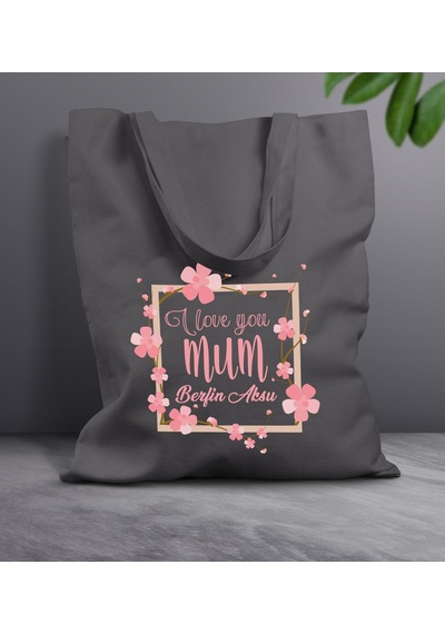 Bk Gift Kişiye Özel İsimli Anneler Günü Tasarımlı Antrasit Kumaş Bez Çanta, Baskılı Omuz Çantası, Alışveriş Çantası, Anneler Günü Hediyesi, Anneye Hediye-7 Sarı