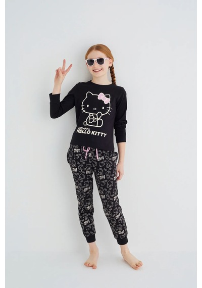 Hello Kitty Kız Çocuk Siyah Kız Uzun Kol Pamuklu Pijama Takımı Renklı