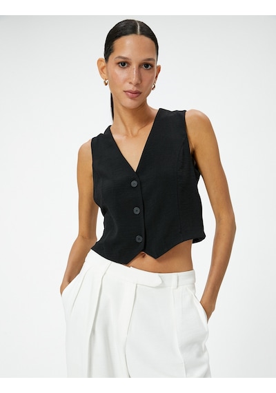 Koton Crop Yelek V Yaka Düğmeli Standart Kesim Siyah 4sak30035pw Siyah