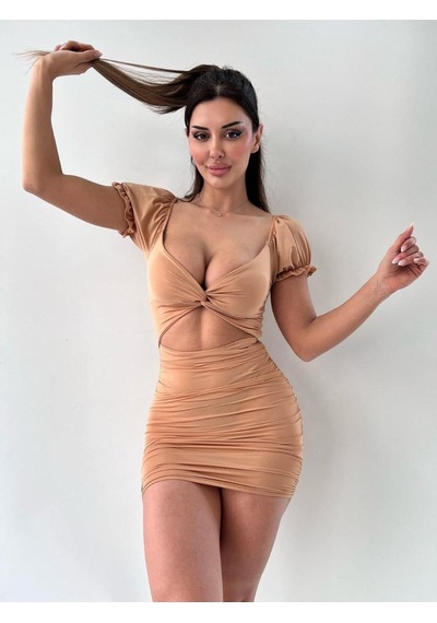Pink Life Bej Kısa Kol Pencere Detay Bodycon Mini Elbise-bej
