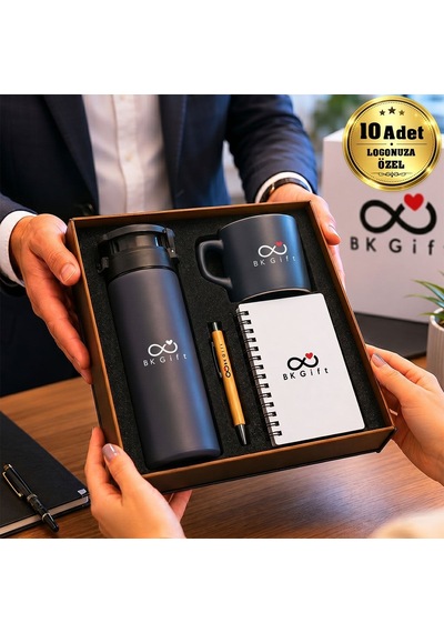 Logonuza Özel 10 Adet Ahşap Kutulu Antrasit Kurumsal Hediye Seti Cam Suluk, Seramik Fincan, Defter Ve Kalemli Promosyon Seti