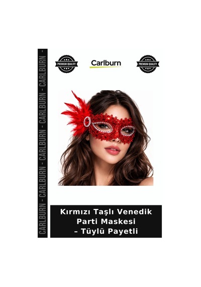 Kırmızı Taşlı Venedik Parti Maskesi Tüylü Payetli Özel Gün Ürünü Göz Alıcı Sahne Aksesuarı "