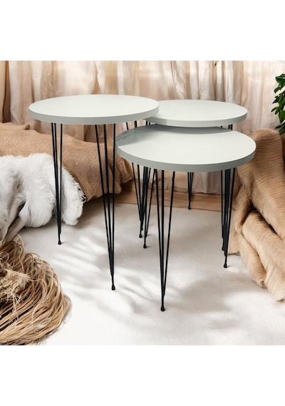 Zigon Sehpa 3'lü Yuvarlak Model Metal Tel Ayak Beyaz Beyaz