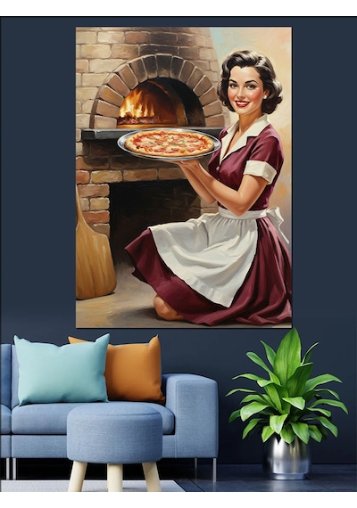 Ahşap Tablo Fırıncı Kadın Pizza Yapıyor Hayvan Tabloları