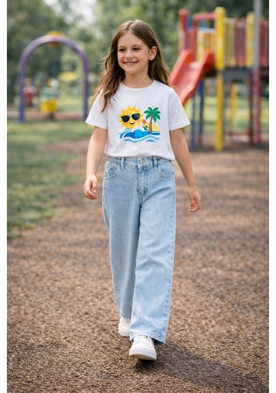 Cedy Denim Cedy Denım Yüksek Kalite Kız Çocuk Yüksek Bel %100 Cotton Palazzo Jean Pantolon Buz Mavisi