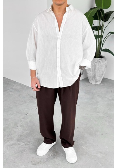 Beyaz Oversize Fresh Keten Gömlek Beyaz