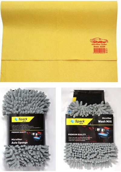 Polikur 3224 Güderi Oto Kurulama Bezi & Spark 7040 Oto Süngeri & Spark 7050 Oto Eldiveni 3'lü Set