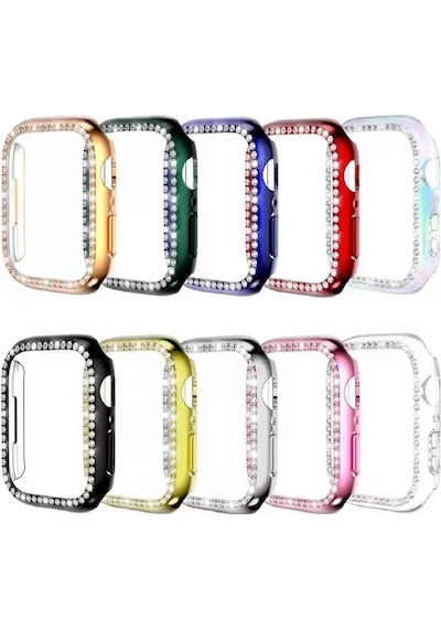Apple Uyumlu Watch 7 8 9 45mm Tek Sıra Parlak Taşlı Rubber Kasa Kapak