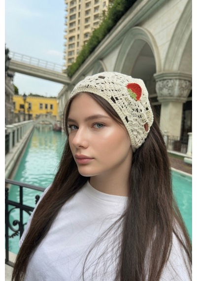Kadın Yazlık Çilek Nakışlı Örgü Bandana Günlük Bohem Saç Aksesuarı Ekru