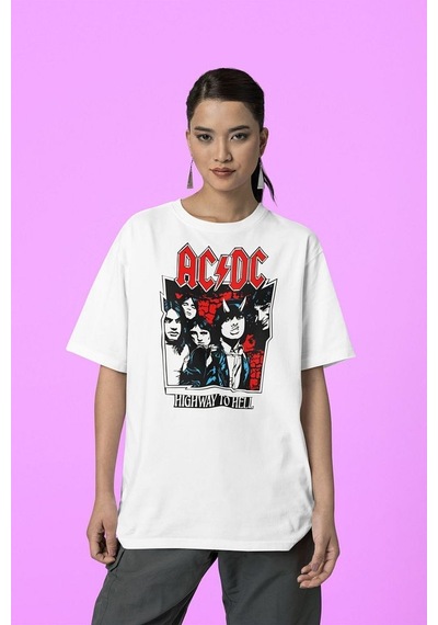 Müzik Grubu Rock Metal Highway To Hell Baskılı Unisex Tişört, Ove Beyaz