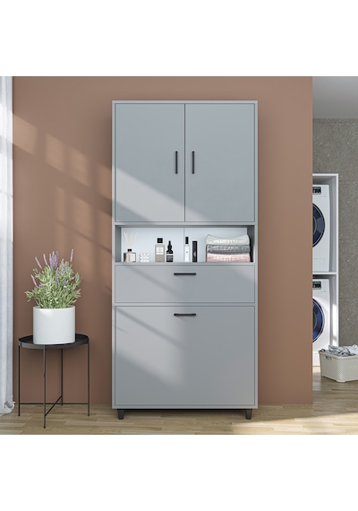 Çamaşır Sepetli Banyo Dolabı, Çok Amaçlı Dolap 90 X 200, Roomart Kül Gri