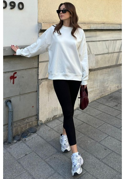Ekru Bisiklet Yaka Basic Sweatshirt Mg2185