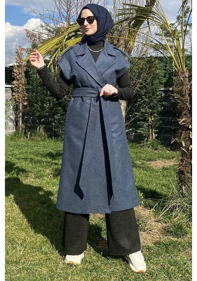 Rabia Şamlı Apoletli İndigo Yelek Normal