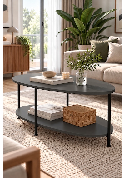 Oval Orta Sehpa 90 Cm İki Katlı Raflı Metal Ayaklı Modern Dekoratif Salon Sehpası Antrasit Oval Orta Sehpa 90 Cm İki Katlı Raflı Metal Ayaklı Modern Dekoratif Salon Sehpası Antrasit