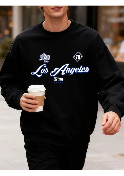 Startmore Tarzsokak Los Angeles King Letter Creative Print Üst Giyim Bol Kesim Oversize Sweatshirt Jogging Modası Siyah