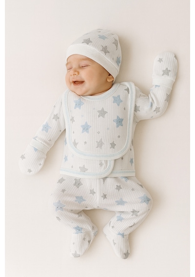 Hece Bebe Pamuklu 5 Parça Yenidoğan Hastane Çıkışı Seti Bebek Zıbın Takımı, Şapka, Önlük, Eldiven Ekru - Mavi