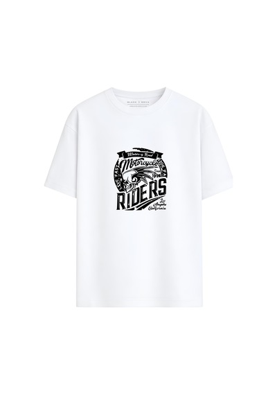 Black Nova Oversize Baskılı Unisex %100 Pamuk T-shirt California Riders Beyaz