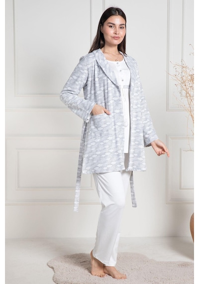 Mecit Pijama Mecit 6100 Gri Sabahlıklı Şardonlu Hamile Lohusa Pijama Takımı