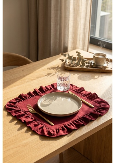 Pamuklu Fırfırlı Kare Supla 6'lı Set Amerikan Servis 33 Cm Supla Bordo