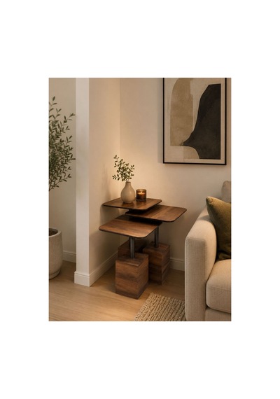 Modern Zigon Sehpa Trio Yan Sehpa Servis Sehpası Ceviz %100 Mdf Kahverengi Kahverengi