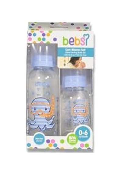 Bebsi Erkek Bebek 2'li Cam Biberon Seti, Mavi, 250ml+150ml Çok Renkli