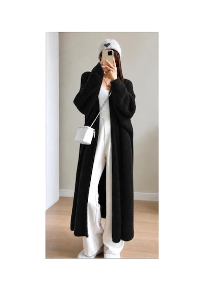 Aymiraa Kadın Oversize Uzun Triko Hırka Şal Yaka Siyah Siyah